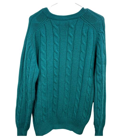 Vintage 100% Pure New Wool Cableknit Fisherman Sweater Turquoise Size L - Picture 2 of 3